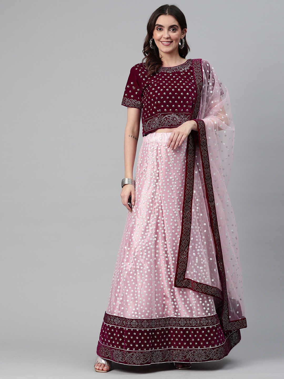 

CAMPAIGN TRENDS Pink Beads and Stones Unstitched Lehenga & Blouse With Dupatta