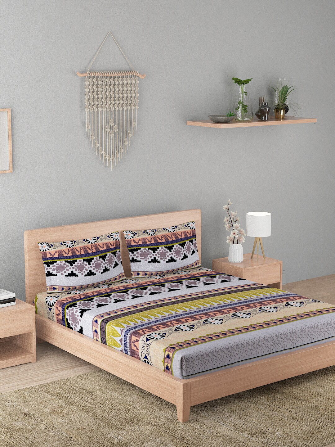 

A Homes Grace Grey & Black Ethnic Motifs 210 TC Queen Bedsheet with 2 Pillow Covers
