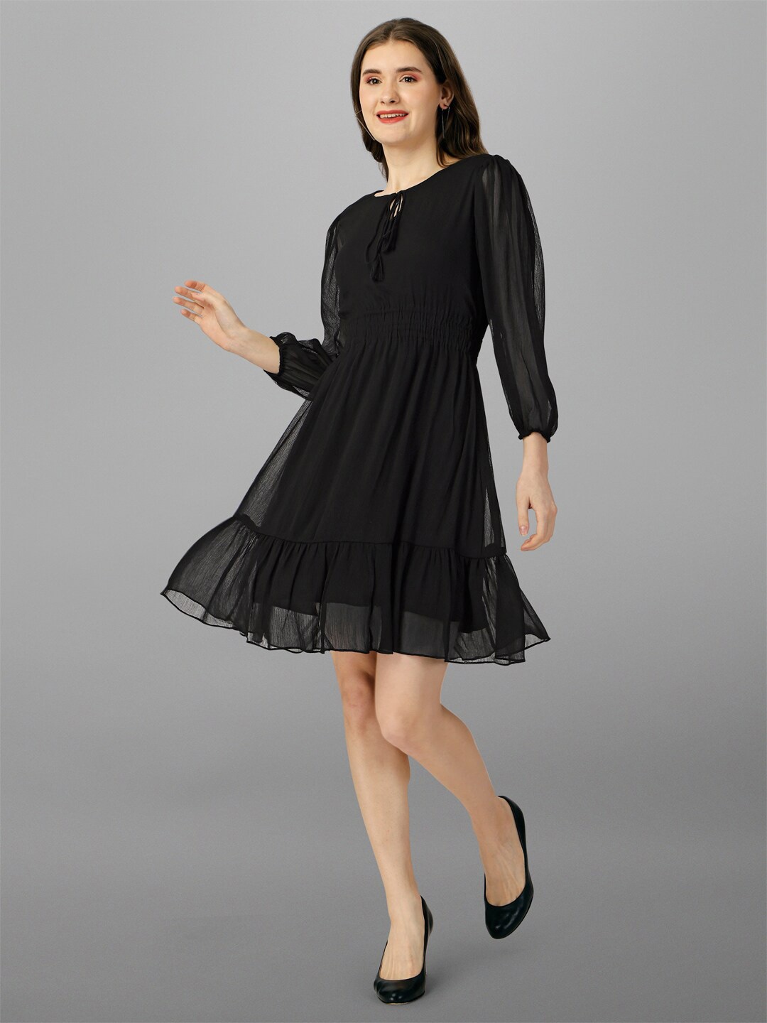 

Fbella Tie-Up Neck Puff Sleeve Chiffon Fit & Flare Dress, Black