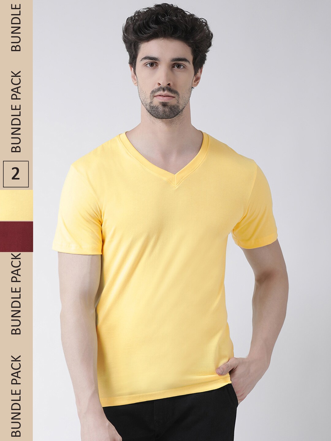 

Friskers Pack Of 2 V-Neck Pure Cotton Slim Fit Short Sleeves T-shirts, Yellow