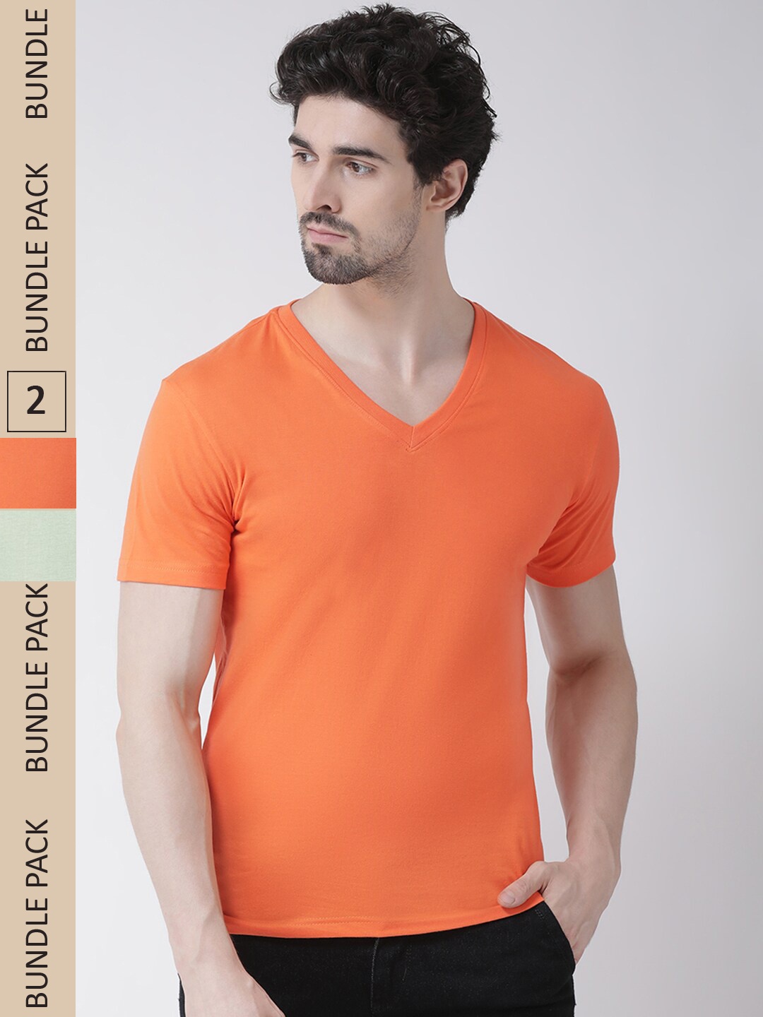 

Friskers Pack Of 2 V-Neck Pure Cotton Slim Fit Short Sleeves T-shirts, Orange