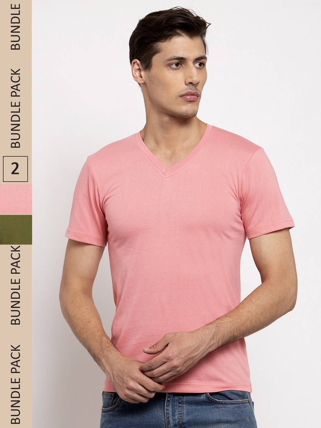 

Friskers Pack Of 2 V-Neck Slim Fit Cotton T-shirts, Coral