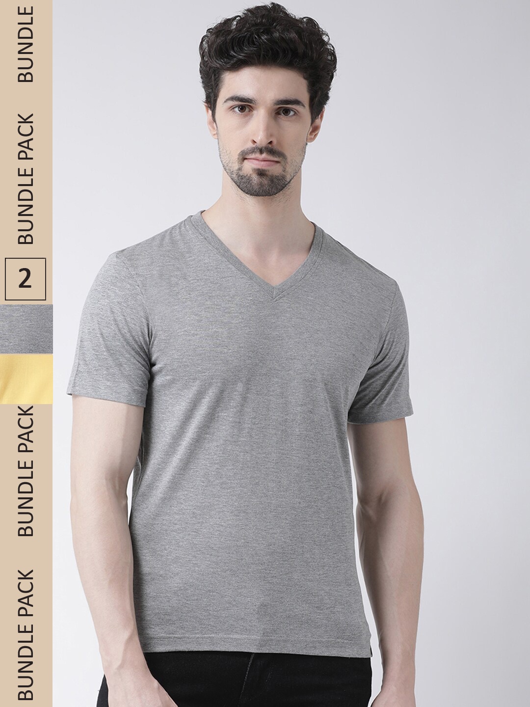 

Friskers Pack Of 2 V-Neck Pure Cotton Slim Fit Short Sleeves T-shirts, Grey melange