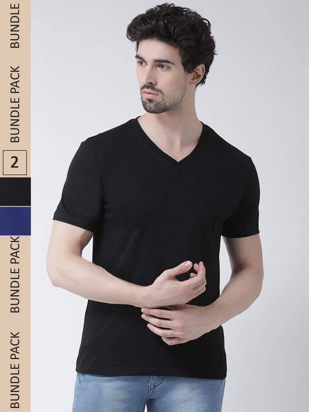 

Friskers Pack Of 2 V-Neck Slim Fit Cotton T-shirt, Black