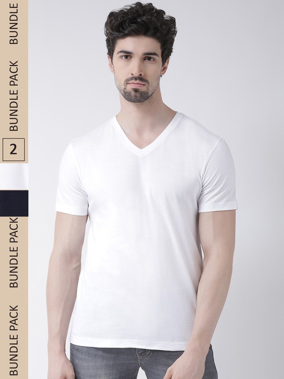 

Friskers Pack Of 2 V-Neck Slim Fit Cotton T-shirts, White