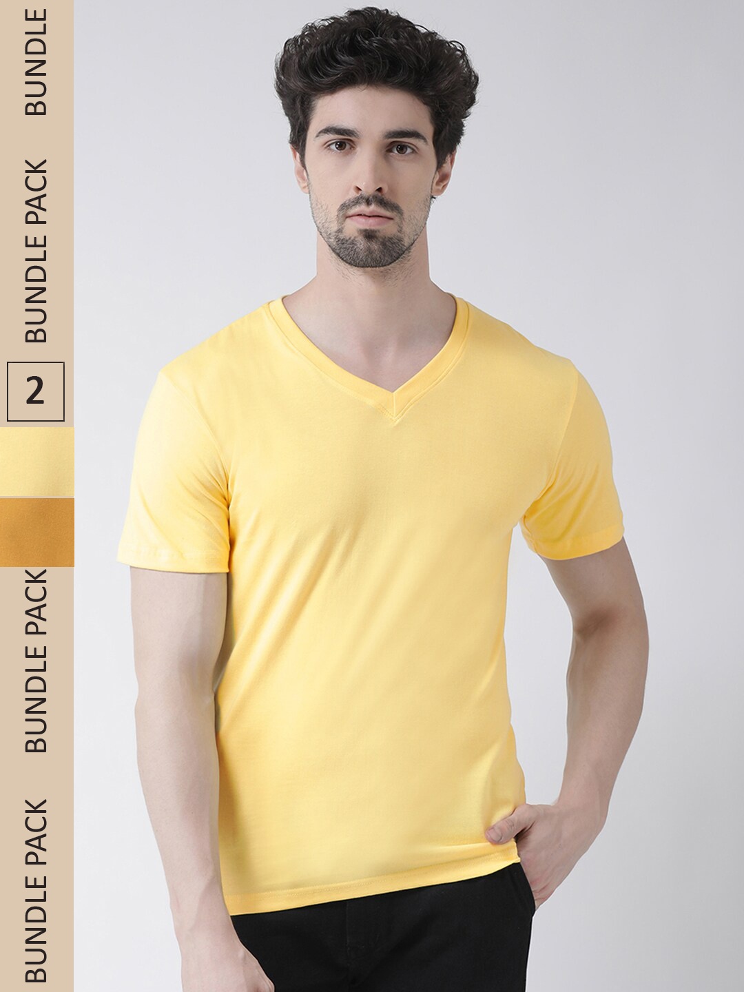 

Friskers Pack Of 2 V-Neck Slim Fit Cotton T-shirt, Yellow