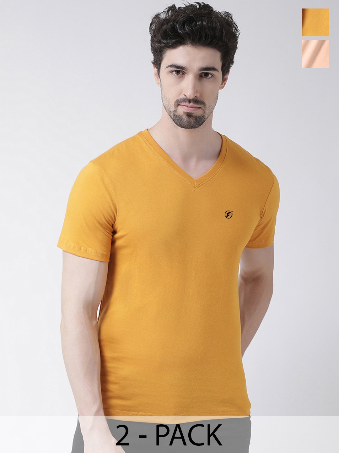 

Friskers Pack Of 2 V-Neck Cotton Slim Fit T-shirt, Yellow