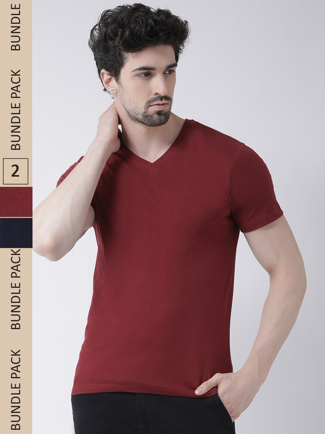 

Friskers Pack Of 2 V-Neck Slim Fit Cotton T-shirts, Maroon