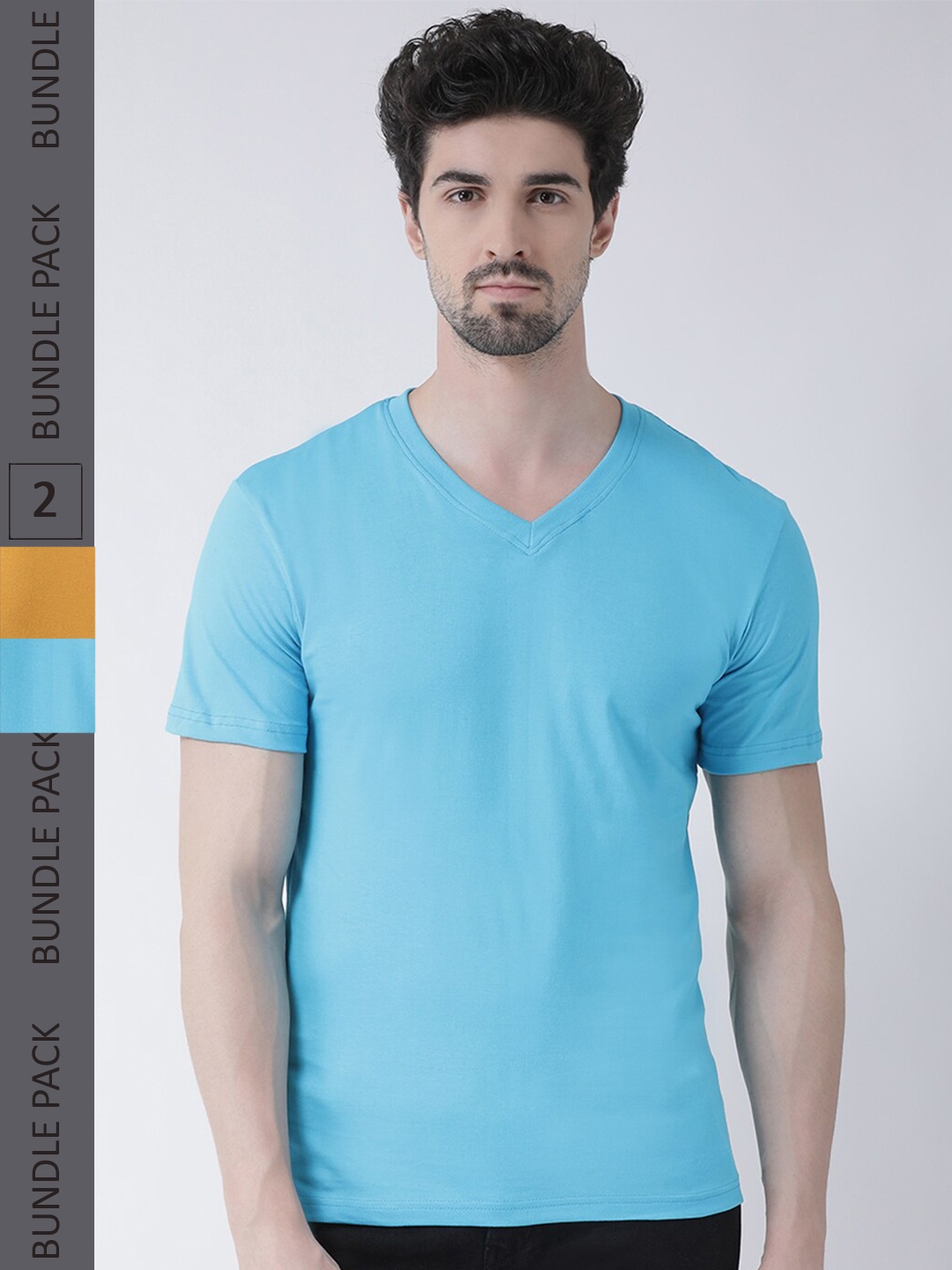 

Friskers Pack Of 2 V-Neck Slim Fit Cotton T-shirts, Turquoise blue