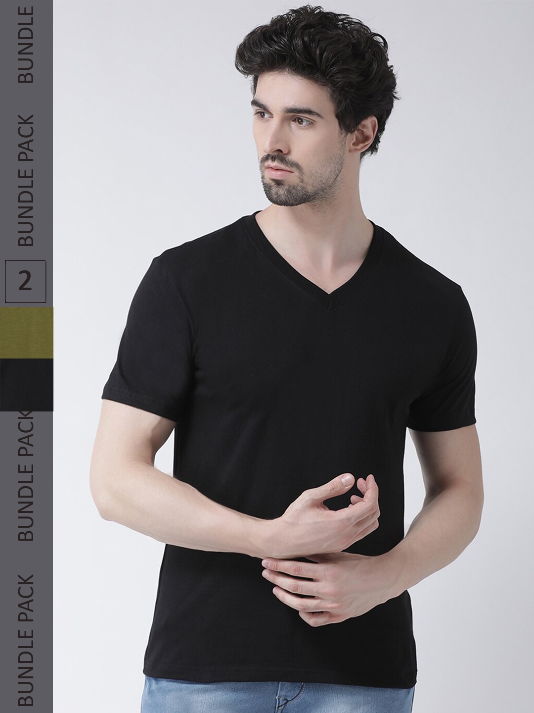 

Friskers Pack Of 2 V-Neck Slim Fit Cotton T-shirts, Black