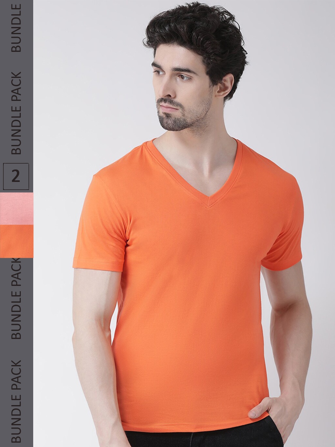 

Friskers Pack Of 2 V-Neck Cotton Slim Fit T-shirt, Orange