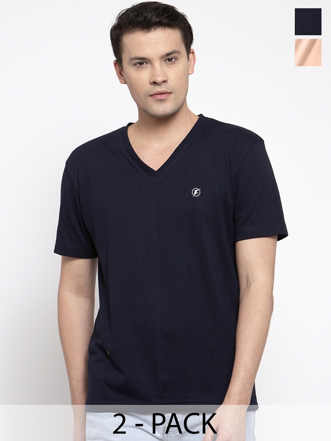 

Friskers Pack Of 2 V-Neck Slim Fit Cotton T-shirts, Navy blue