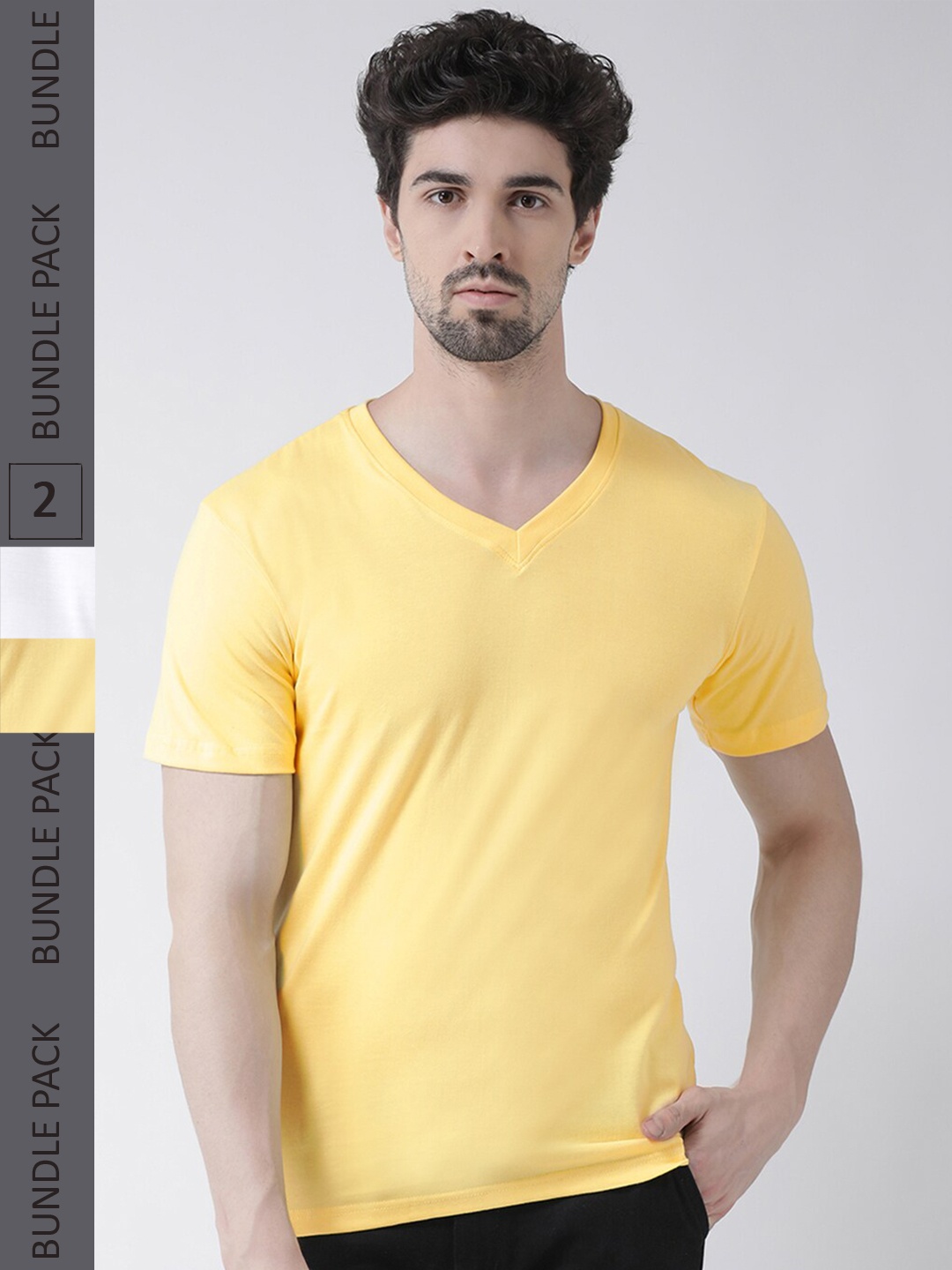 

Friskers Pack Of 2 V-Neck Pure Cotton Slim Fit Short Sleeves T-shirts, Yellow