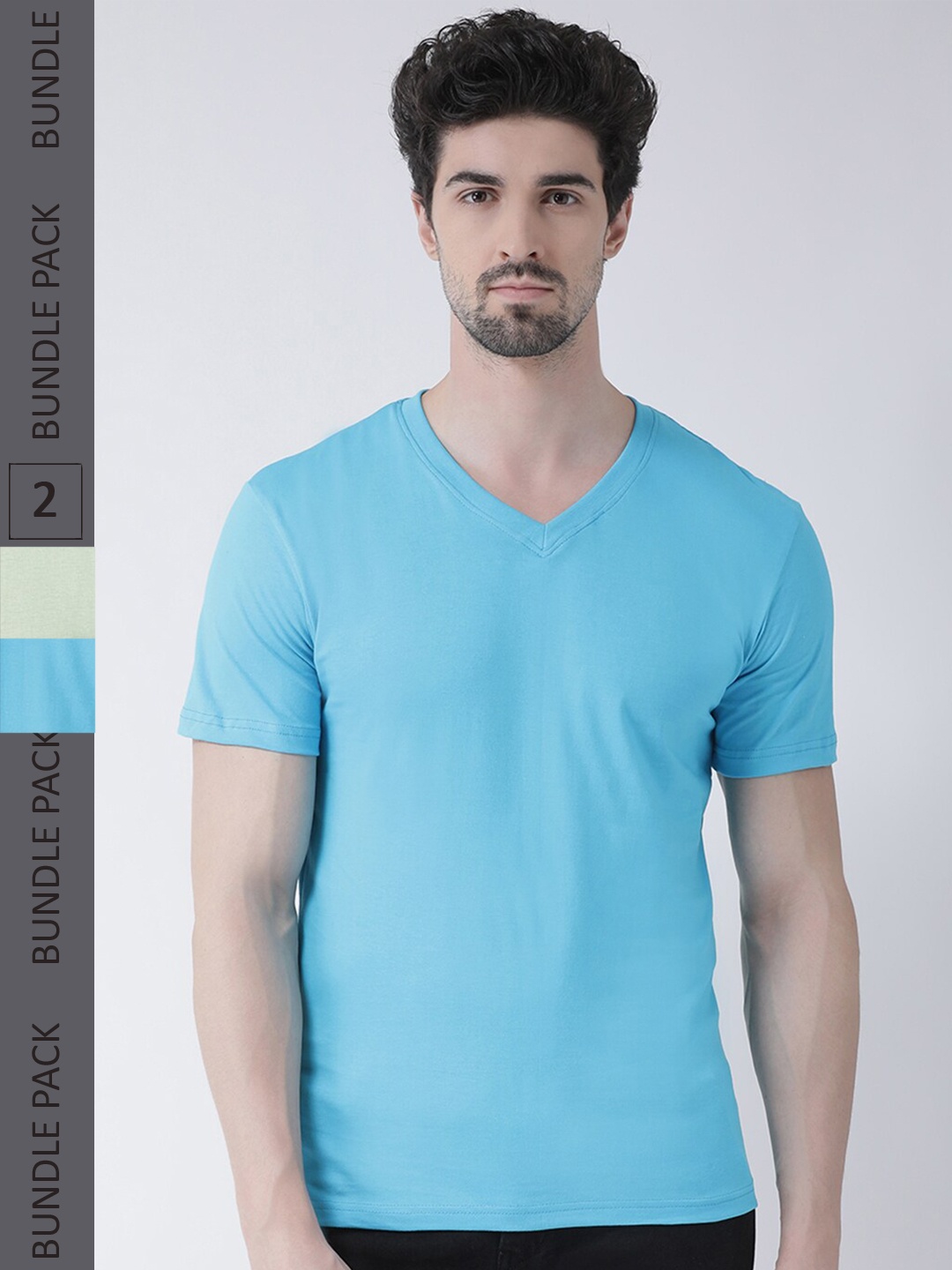 

Friskers Pack Of 2 V-Neck Pure Cotton Slim Fit Short Sleeves T-shirts, Turquoise blue