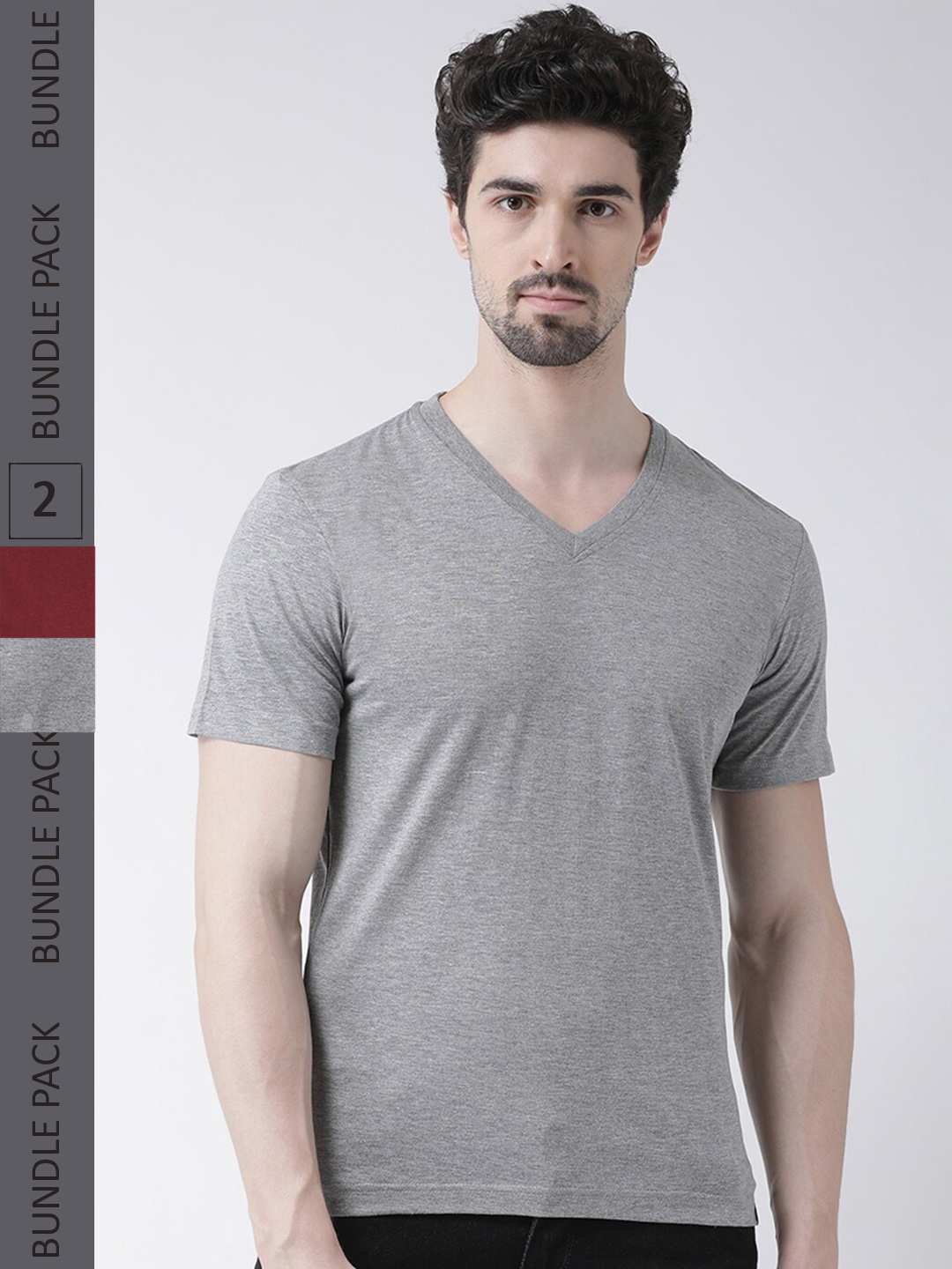 

Friskers Pack Of 2 V-Neck Slim Fit Cotton T-shirts, Grey