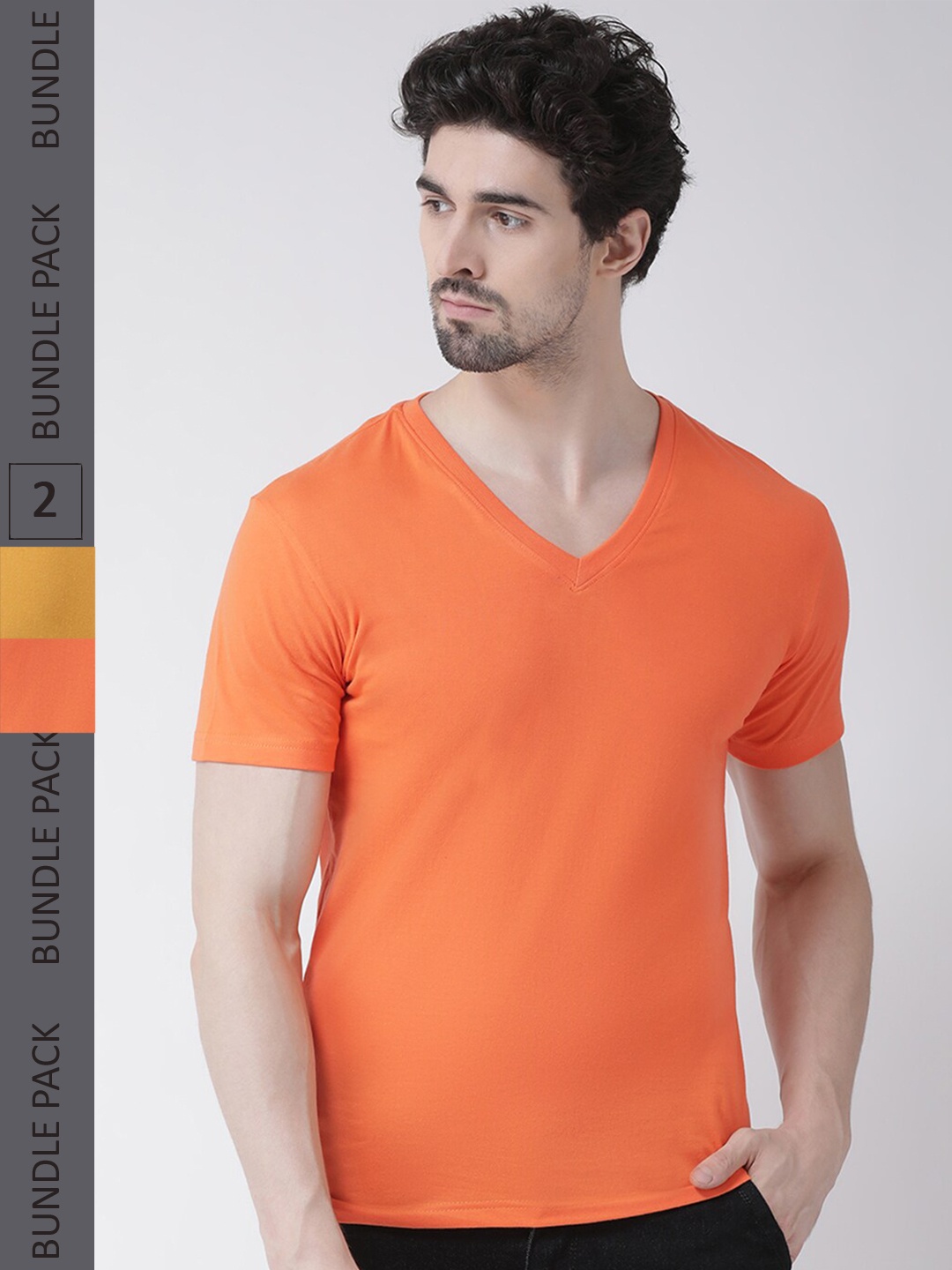 

Friskers Pack Of 2 V-Neck Slim Fit Cotton T-shirts, Orange