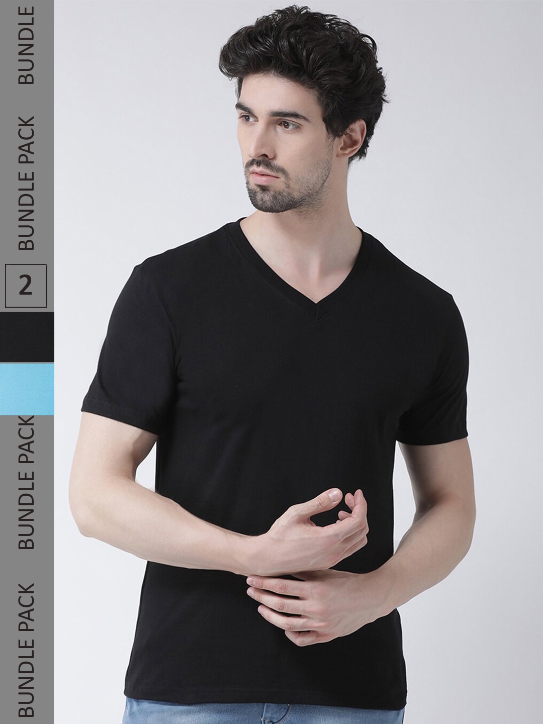 

Friskers Pack Of 2 V-Neck Pure Cotton Slim Fit Short Sleeves T-shirts, Black