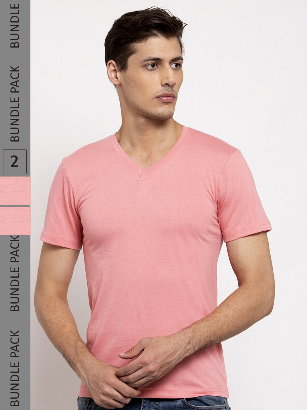 

Friskers Pack Of 2 V-Neck Slim Fit Cotton T-shirt, Coral