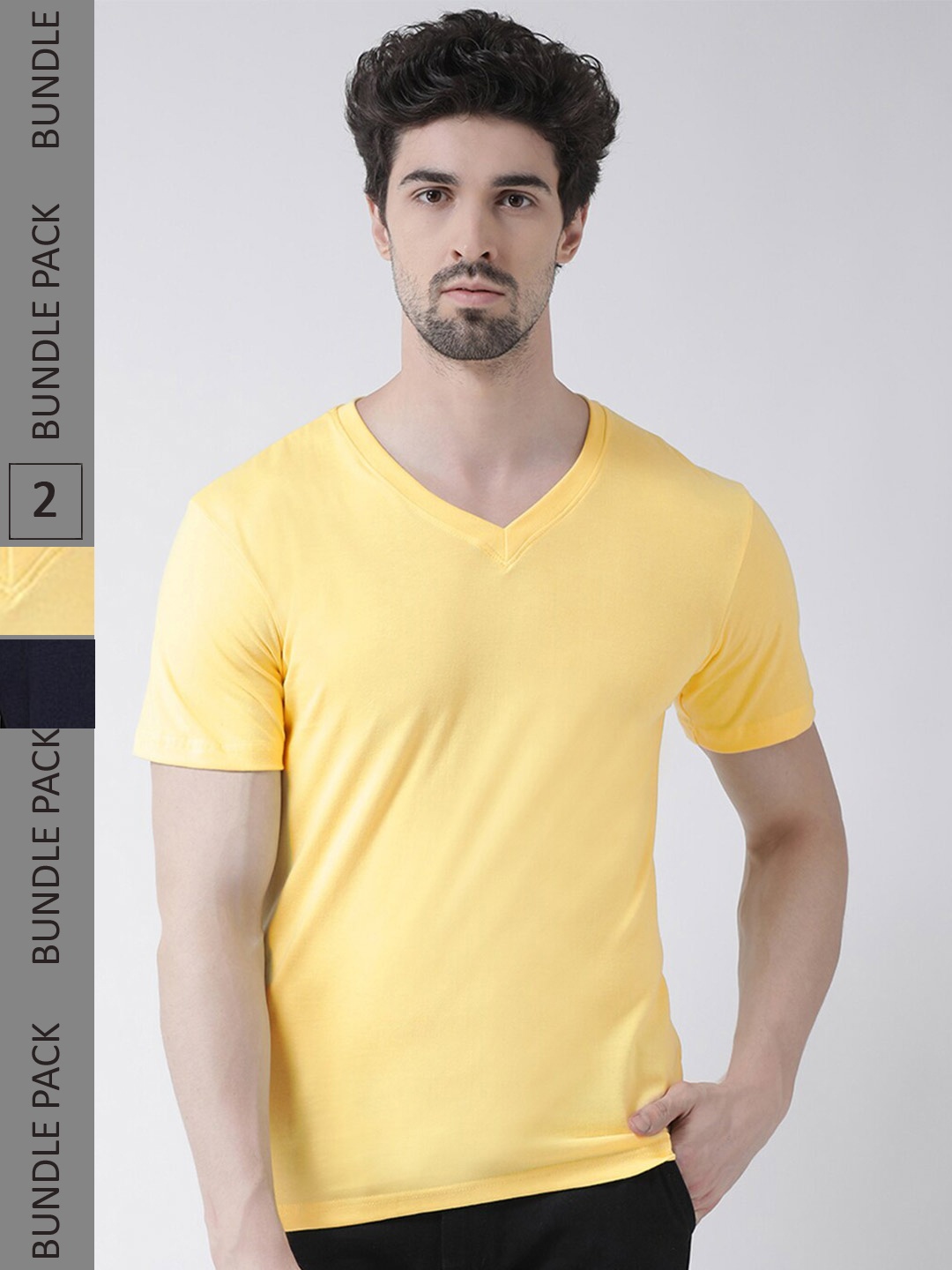 

Friskers Pack Of 2 V-Neck Pure Cotton Slim Fit Short Sleeves T-shirts, Yellow