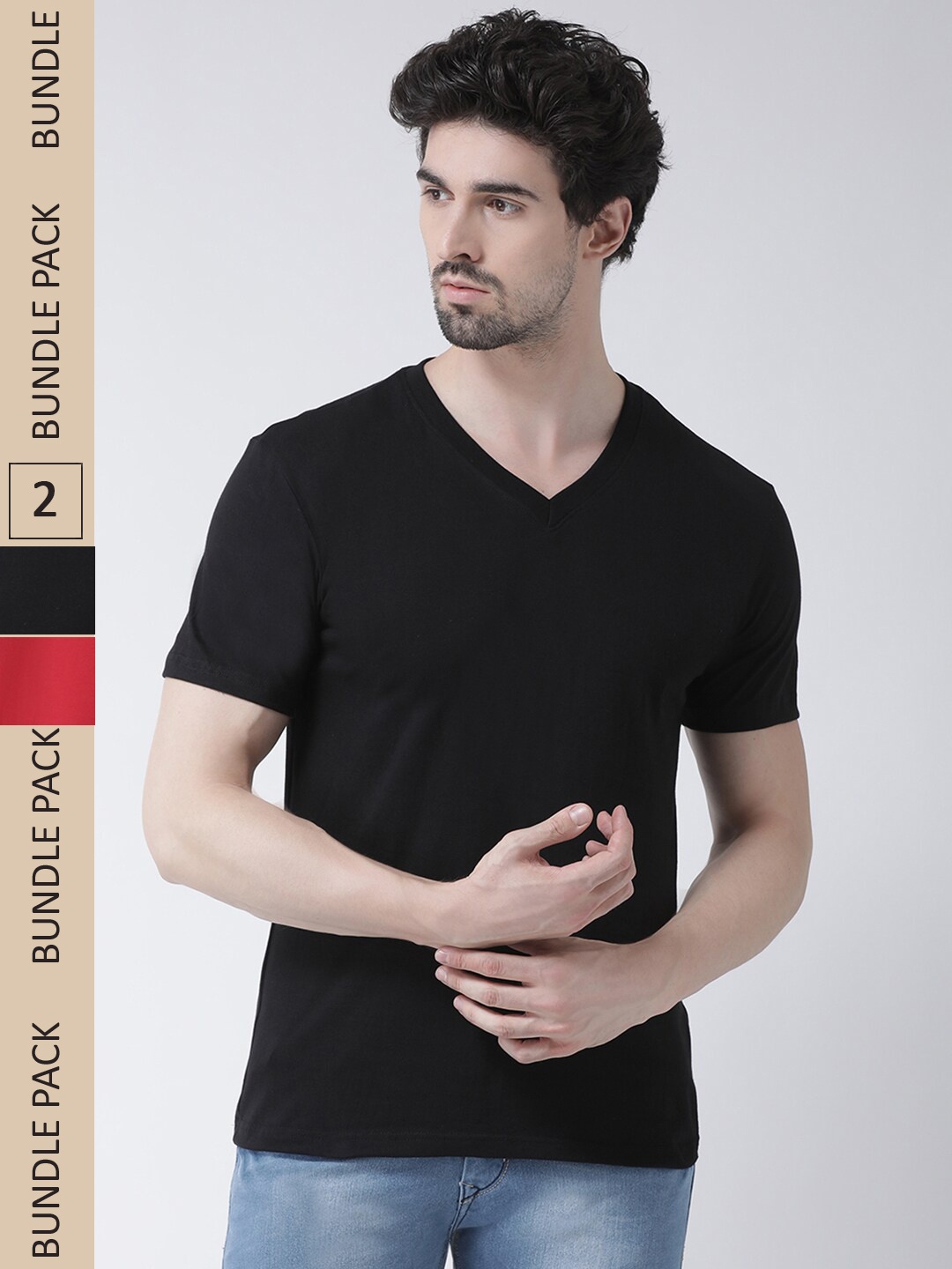 

Friskers Pack Of 2 V-Neck Slim Fit Cotton T-shirts, Black