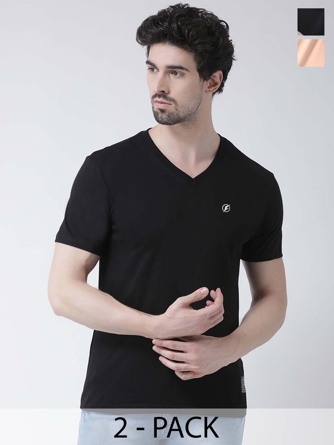 

Friskers Pack Of 2 Pure Cotton Slim Fit V-Neck Short Sleeves T-shirts, Black