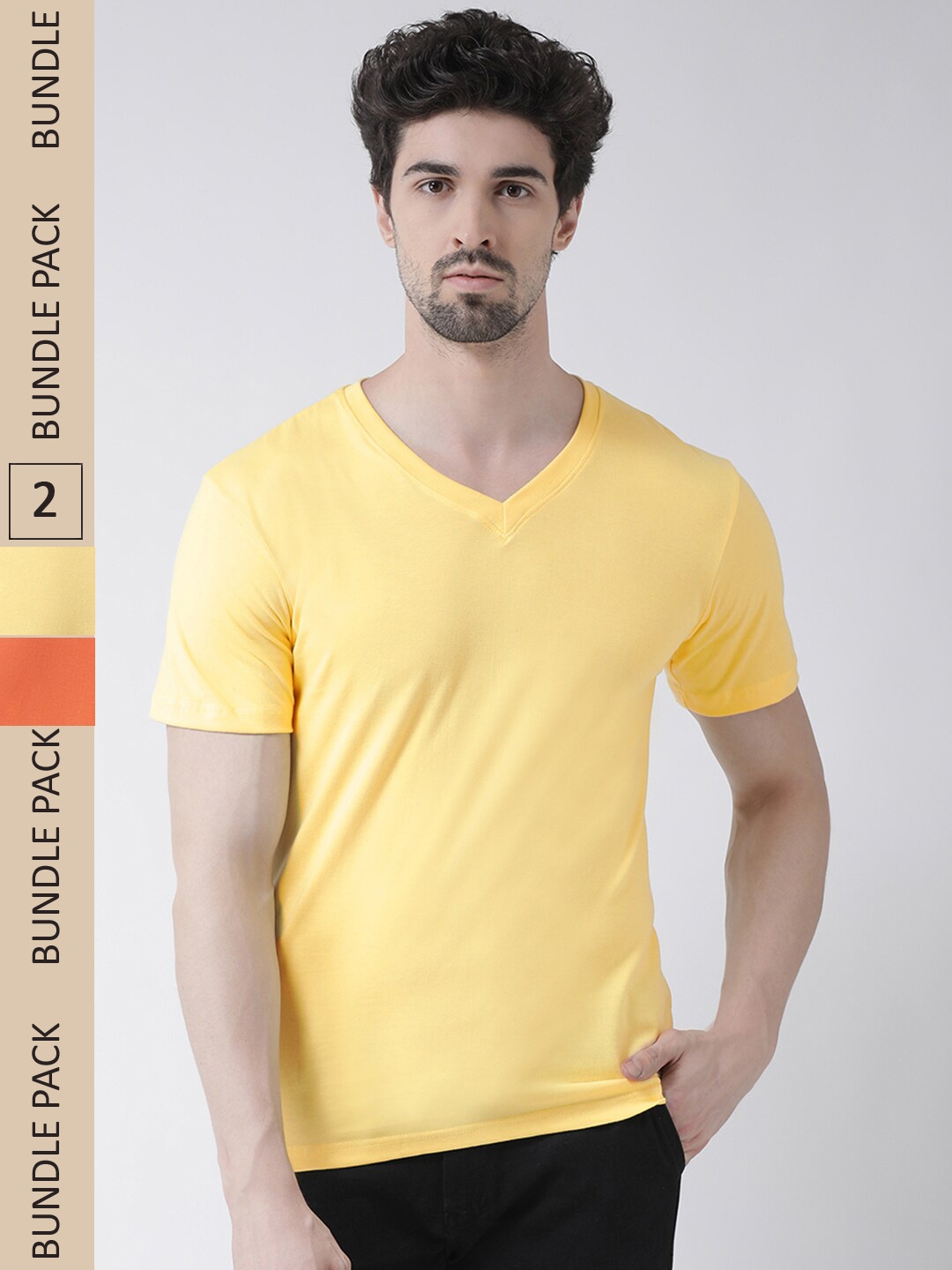 

Friskers Pack Of 2 V-Neck Slim Fit Cotton T-shirts, Yellow