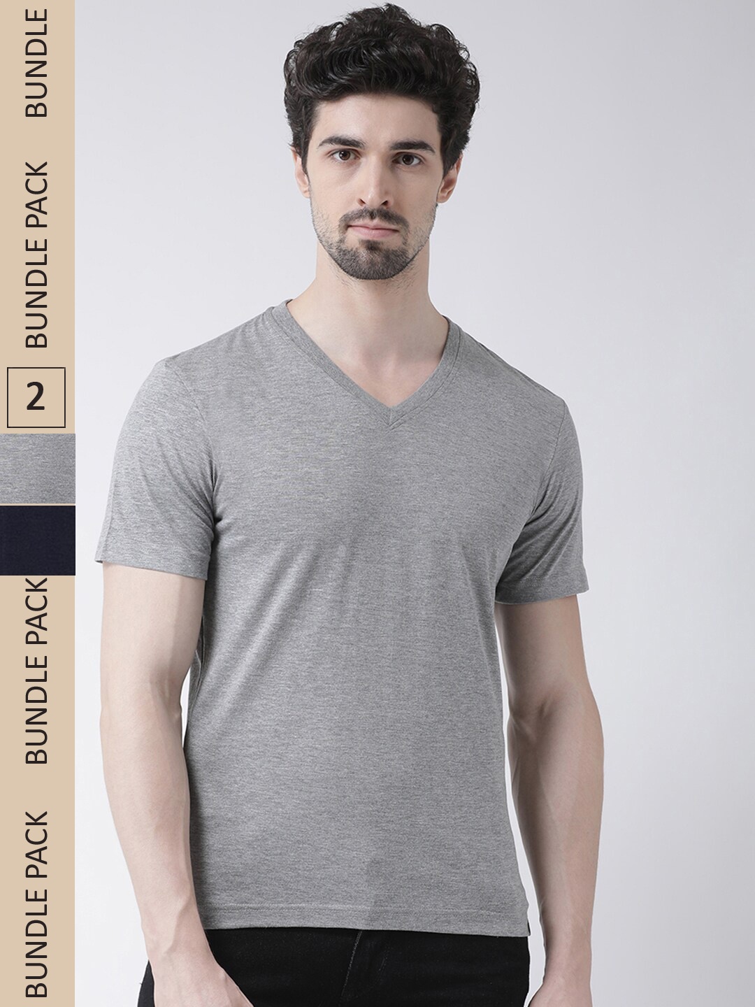 

Friskers Pack Of 2 V-Neck Slim Fit Cotton T-shirts, Grey