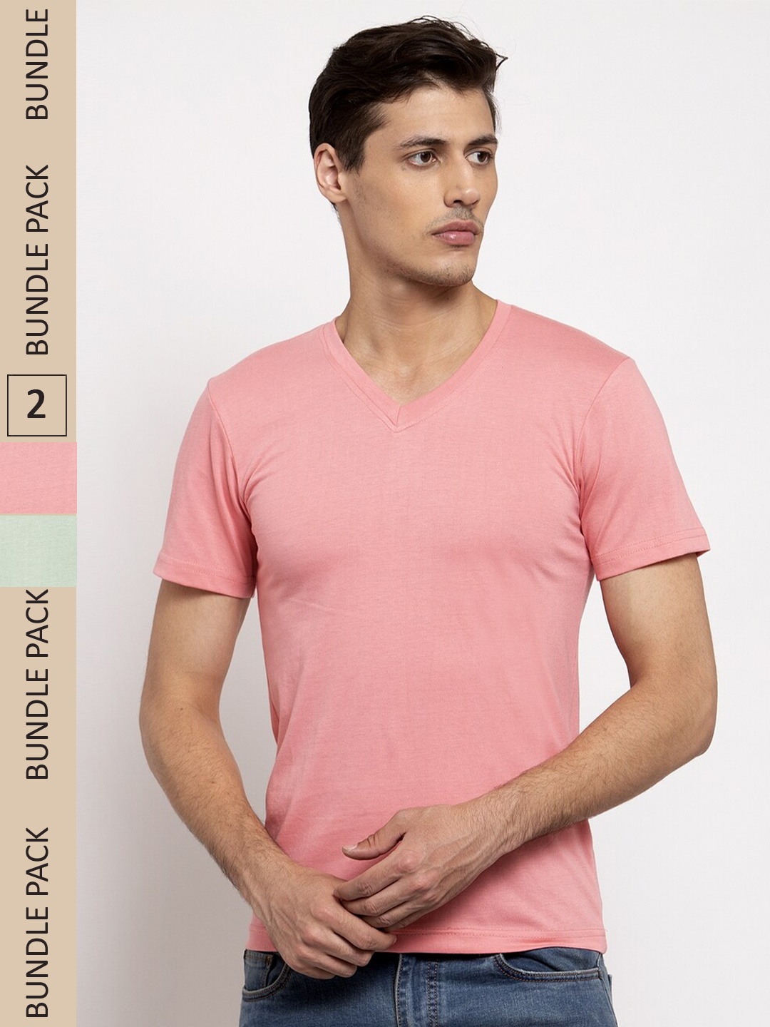 

Friskers Pack Of 2 V-Neck Slim Fit Cotton T-shirts, Coral