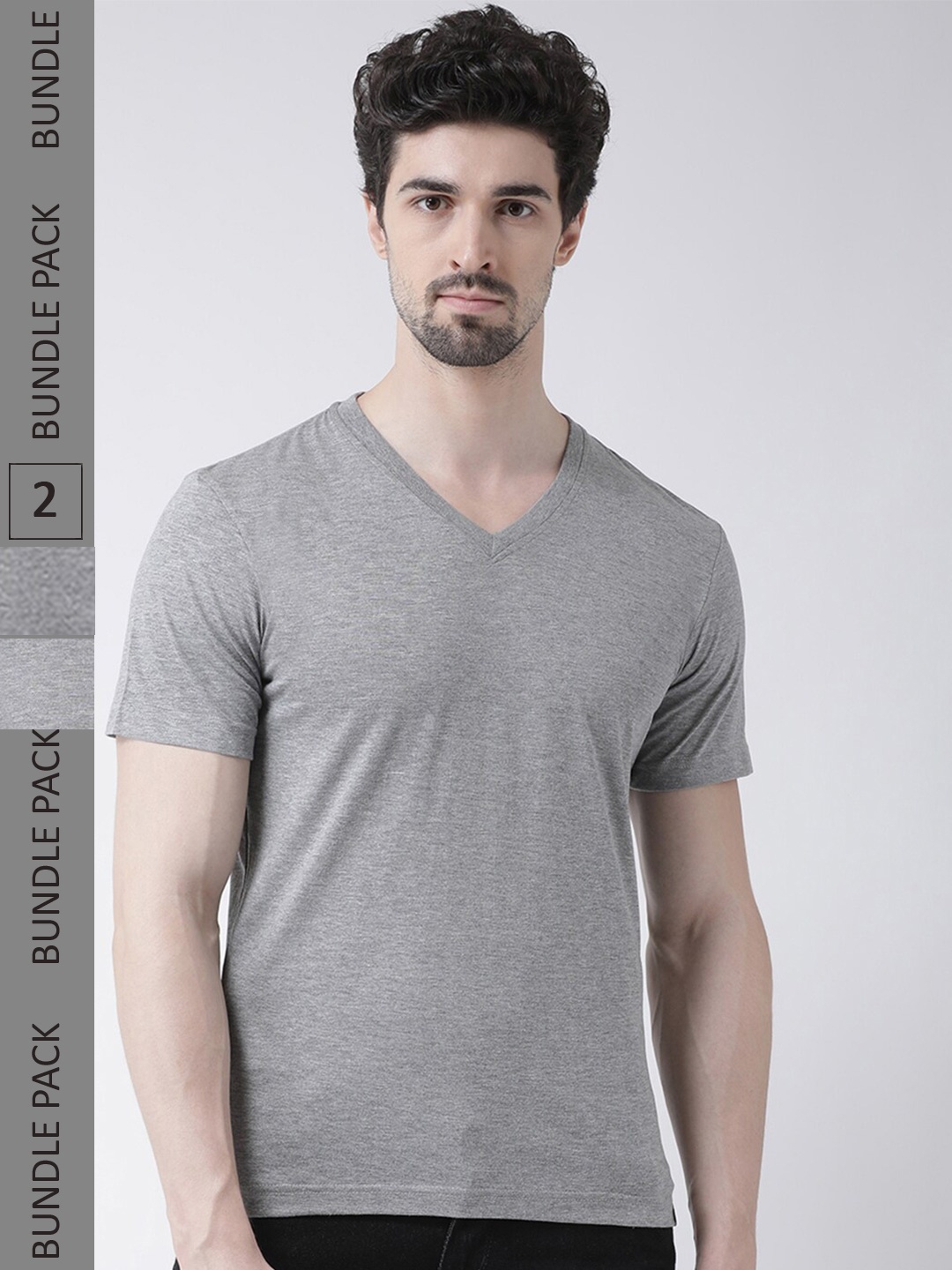 

Friskers Pack Of 2 V-Neck Pure Cotton Slim Fit Short Sleeves T-shirts, Grey melange