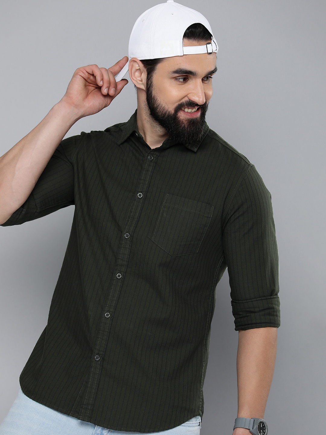 

HERE&NOW Men Olive Green Slim Fit Opaque Casual Shirt