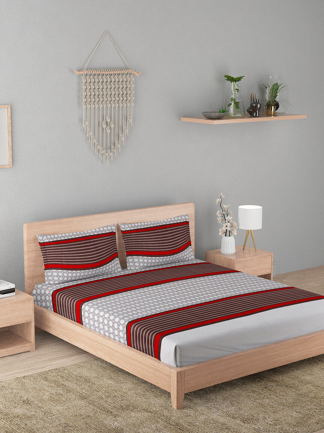 

A Homes Grace Elegencia Red & Grey Striped 210 TC Queen Bedsheet & 2 Pillow Covers