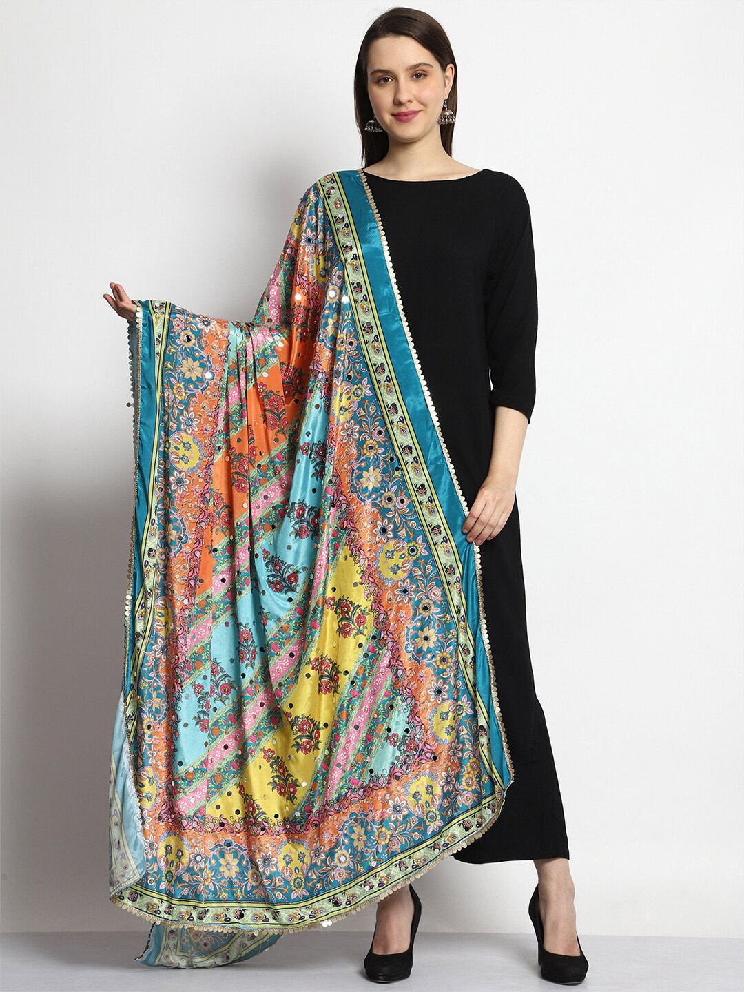

SWI Stylish Printed Pakistani Bridal Mirror Work Chiffon Dupatta, Blue