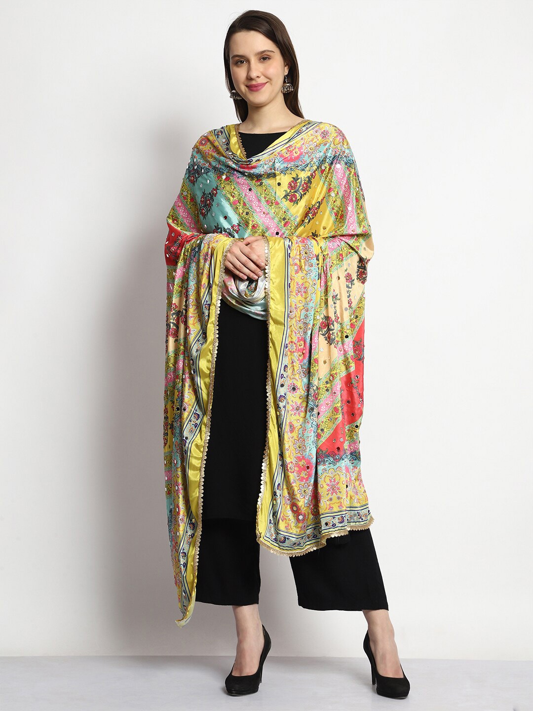 

SWI Stylish Printed Pakistani Bridal Mirror Work Chiffon Dupatta, Yellow