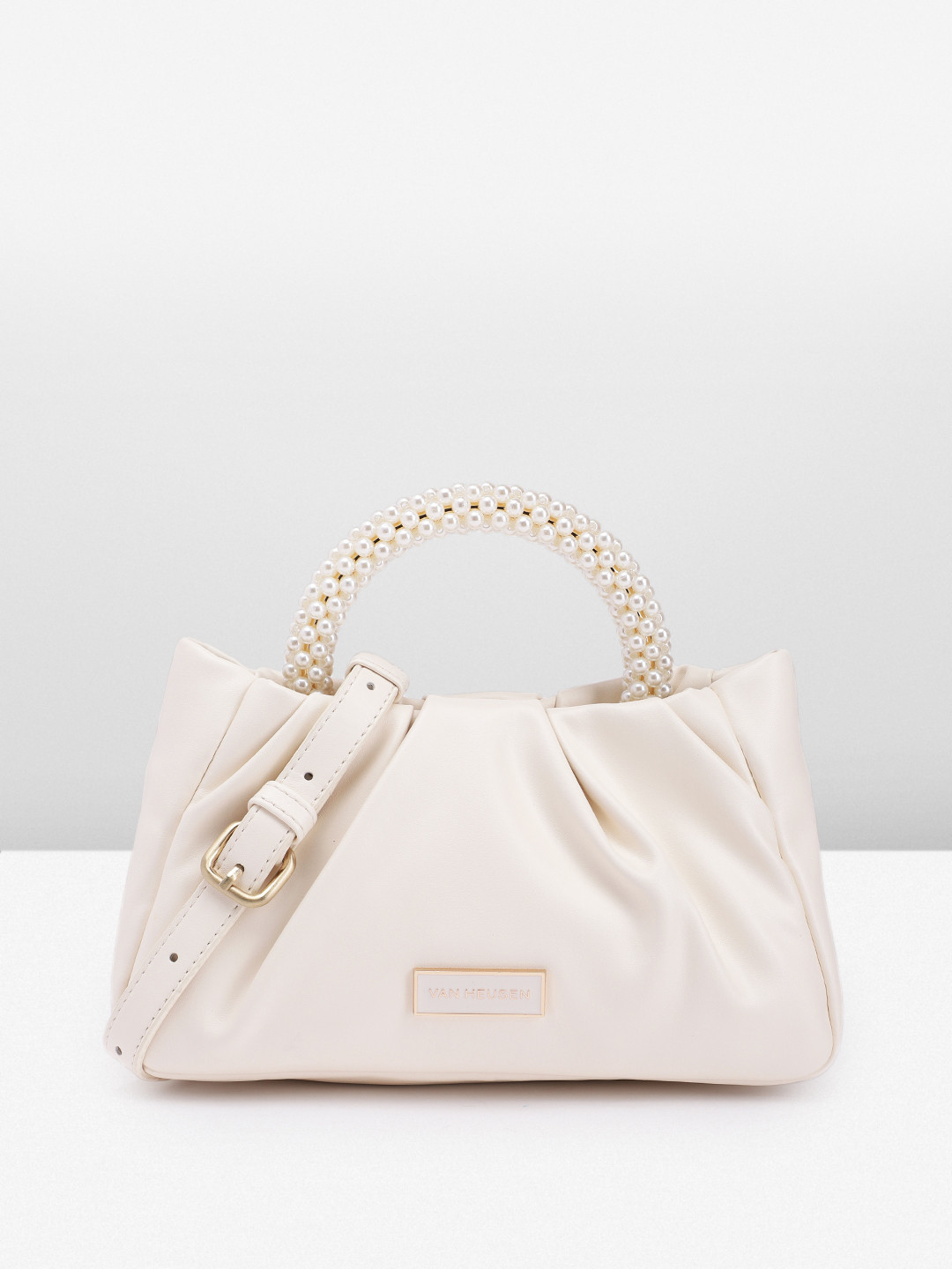 

Van Heusen Solid PU Structured Handheld Bag With Embellished & Pleated Detail, Off white