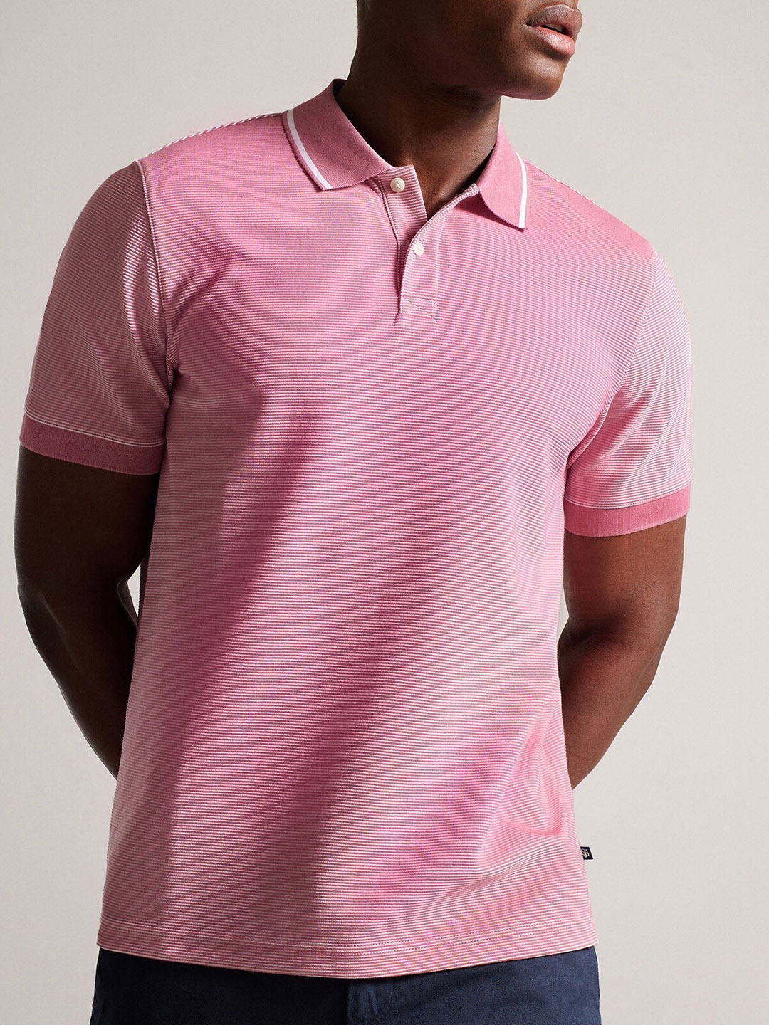 

Ted Baker Striped Polo Collar Cotton T-shirt, Pink