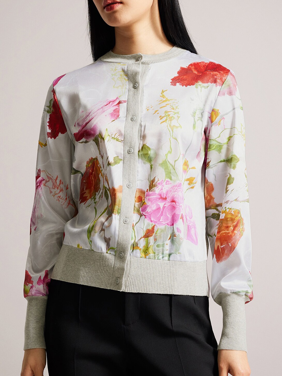 

Ted Baker Floral Printed Henley Neck Cardigan, Grey
