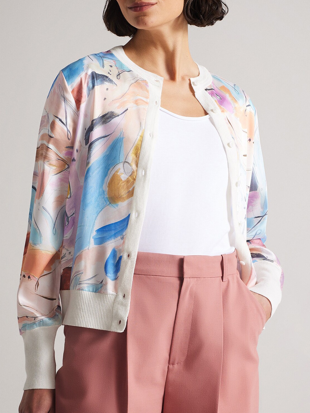 

Ted Baker Printed Henley Neck Cotton Cardigan, Cream