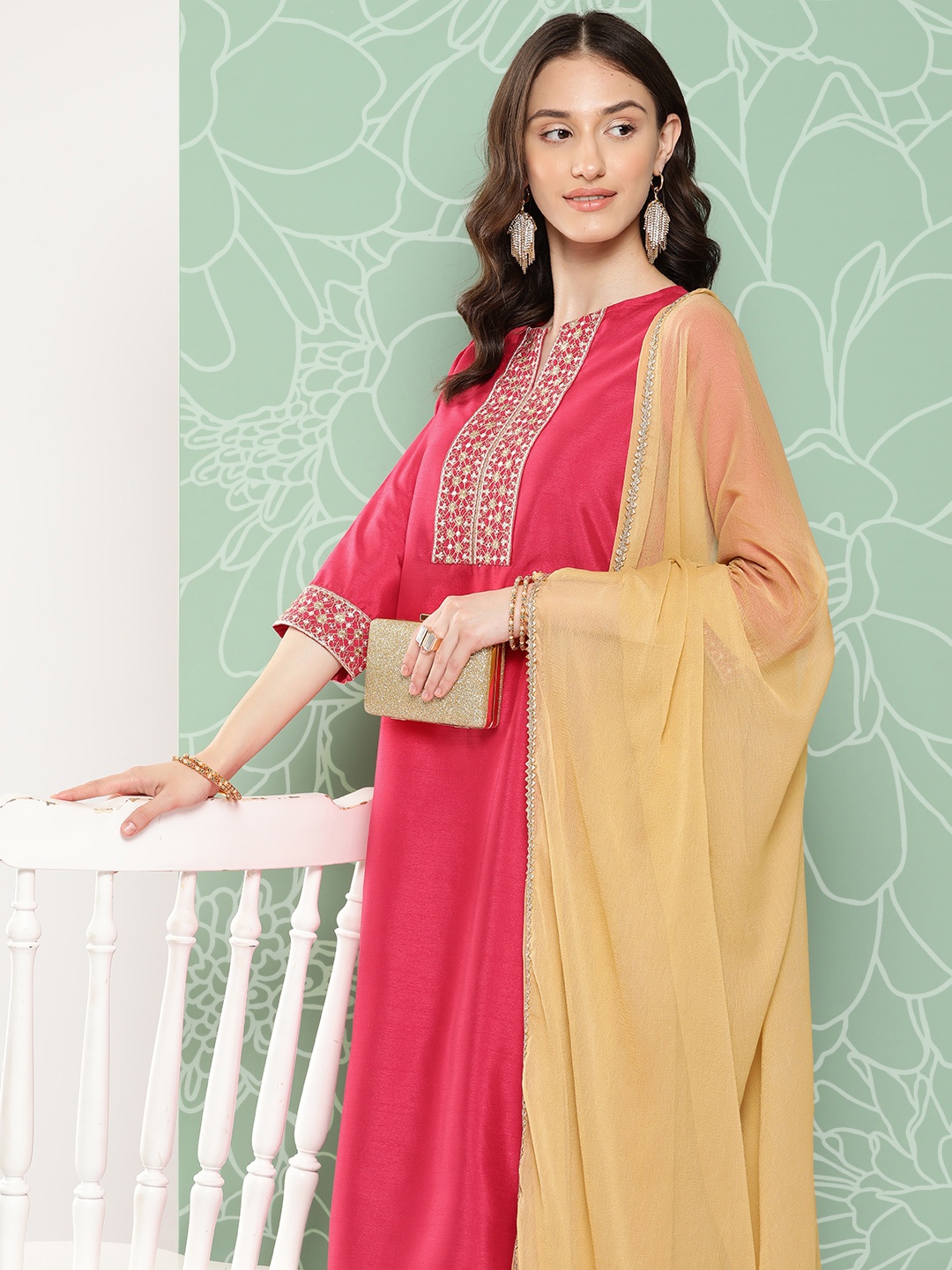 

Janasya Women Silk Crepe Kurta with Trousers & With Dupatta, Pink