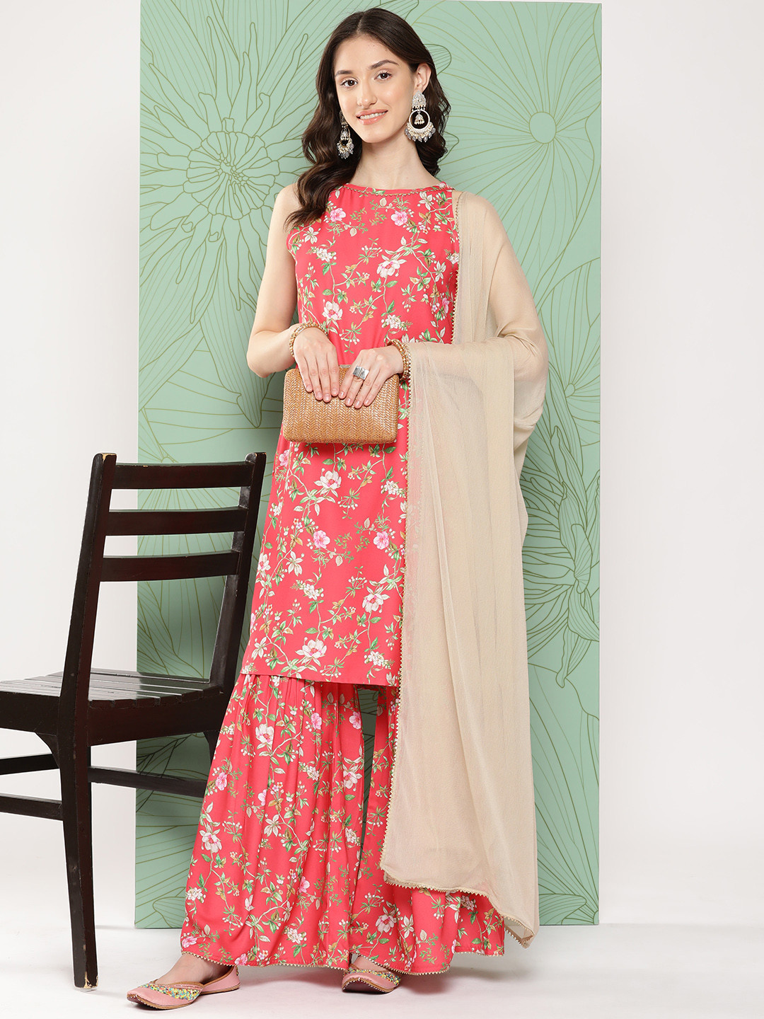 

Janasya Floral Printed Kurta With Sharara & Dupatta, Coral