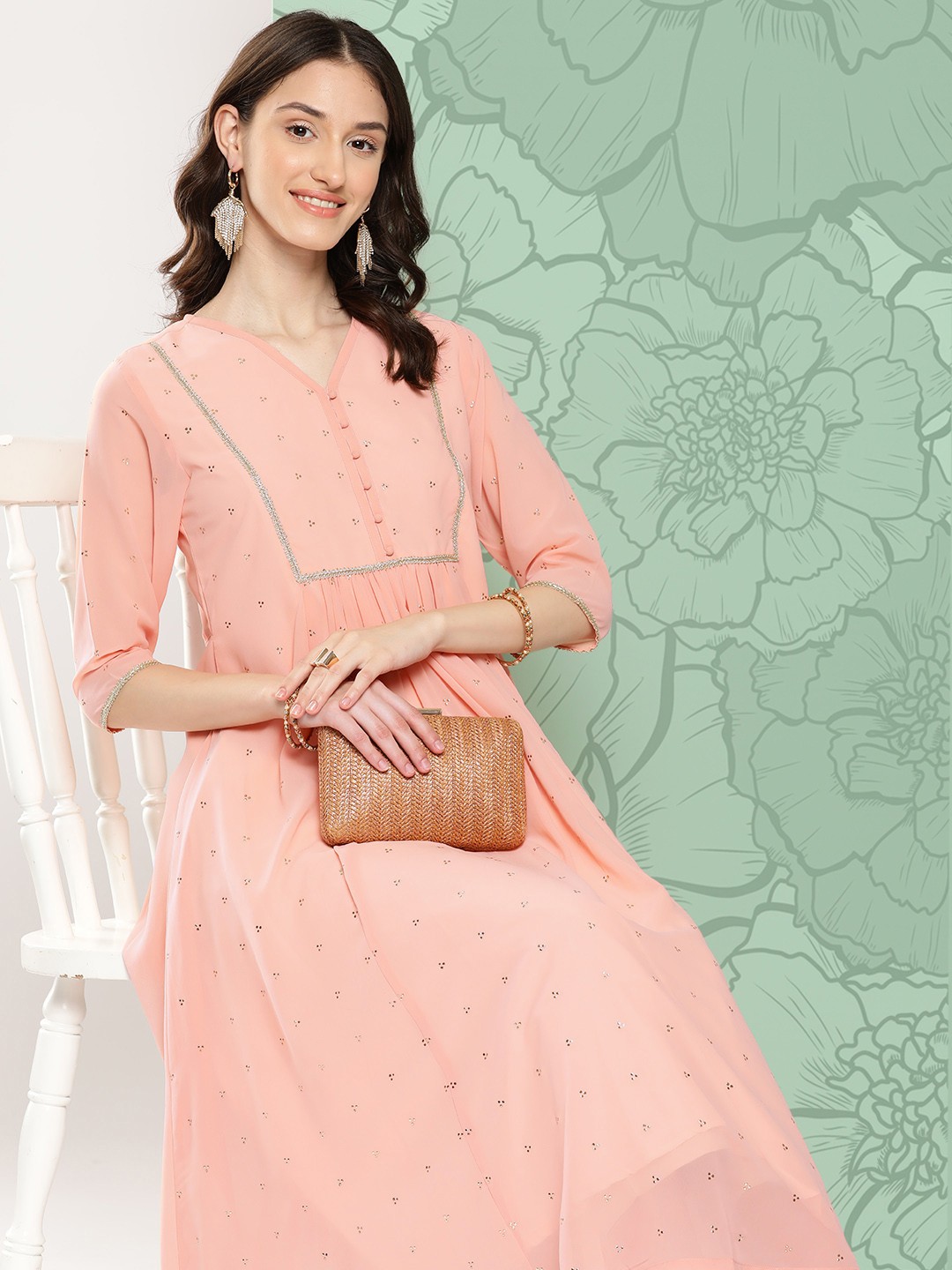 

Janasya Geometric Embellished Gotta Patti Pastel Georgette Anarkali Kurta, Peach