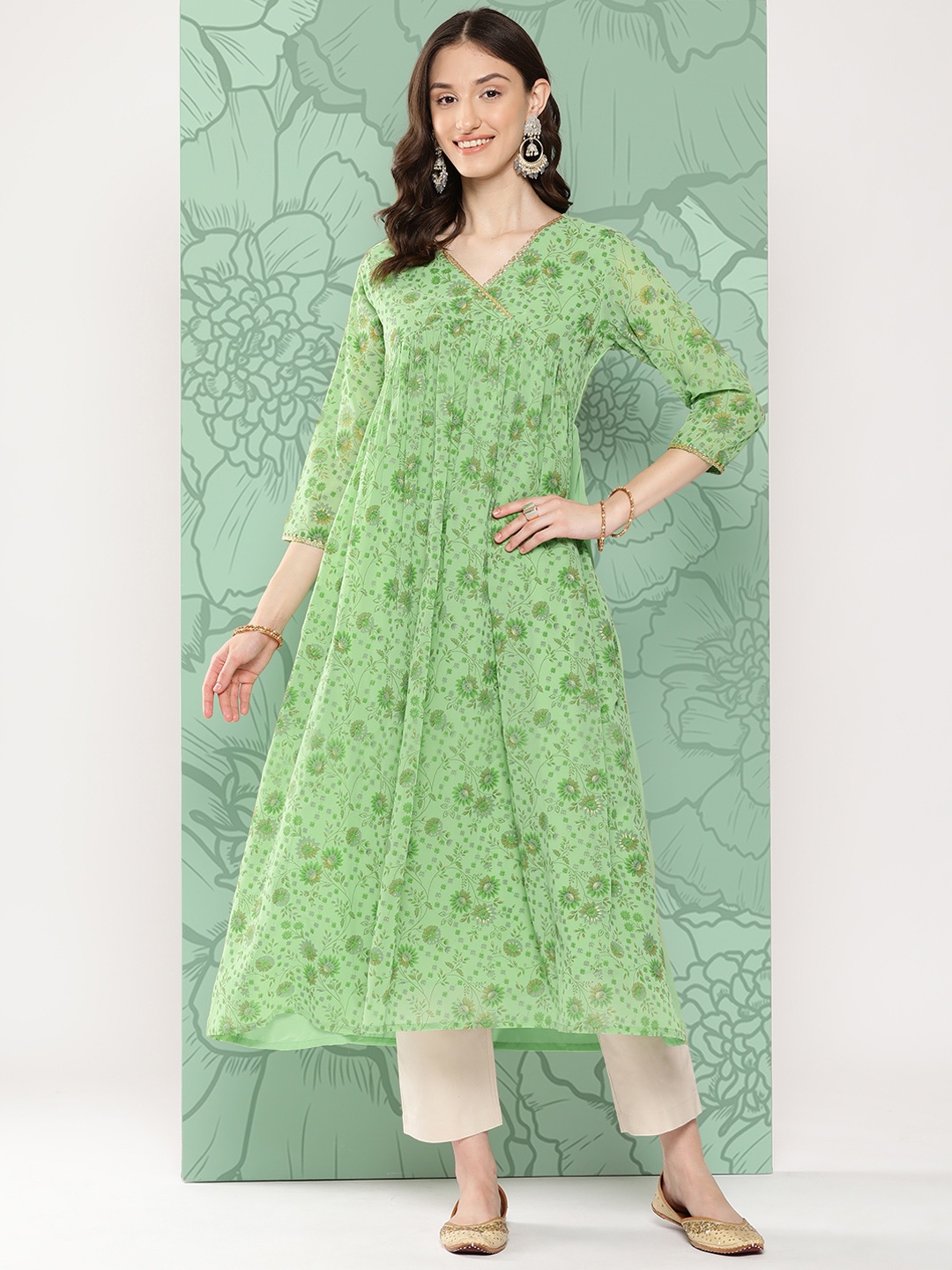 

Janasya Floral Printed Gotta Patti Georgette Angrakha Kurta, Green