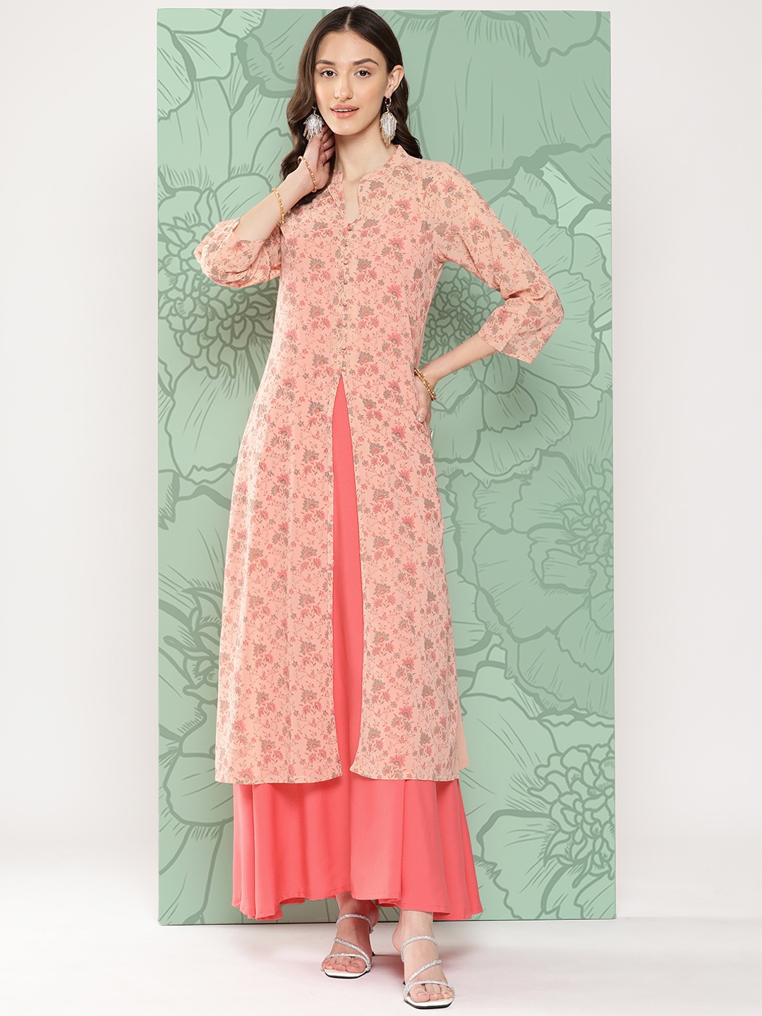 

Janasya Floral Printed Georgette Kurta With Inner, Peach