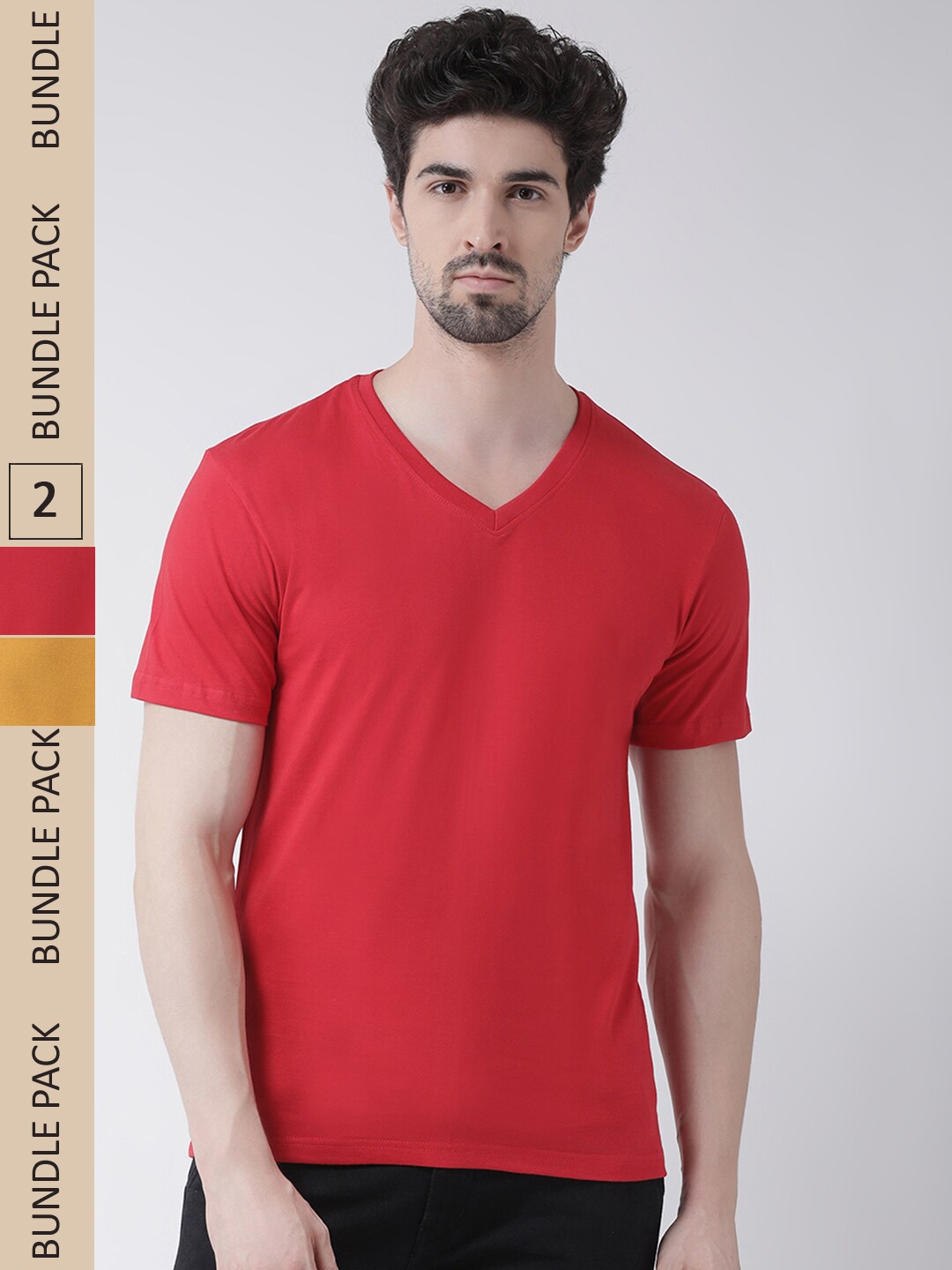 

Friskers Pack Of 2 V-Neck Pure Cotton Slim Fit Short Sleeves T-shirts, Red