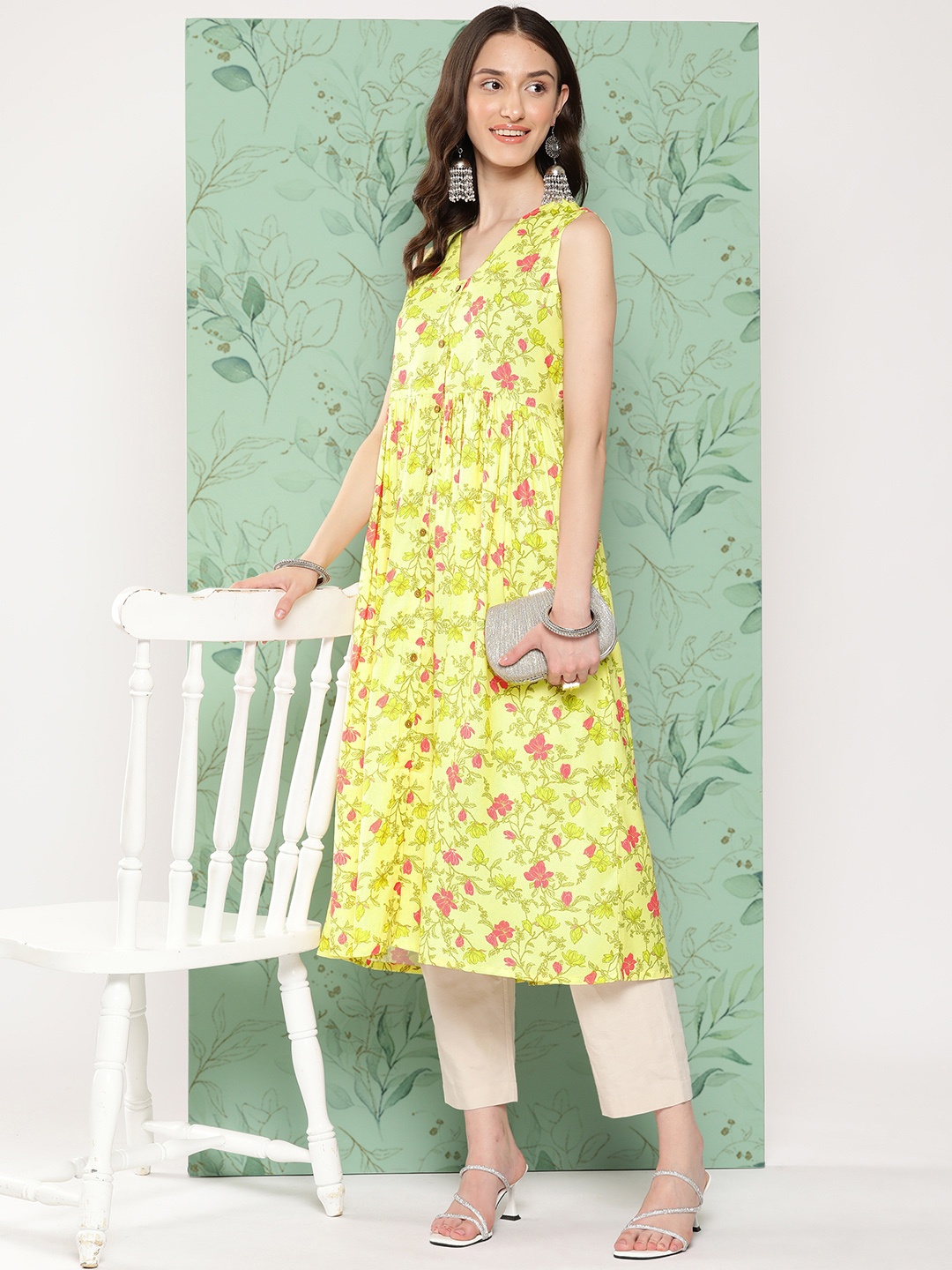 

Janasya Women Yellow & Pink Floral Printed Floral Kurta