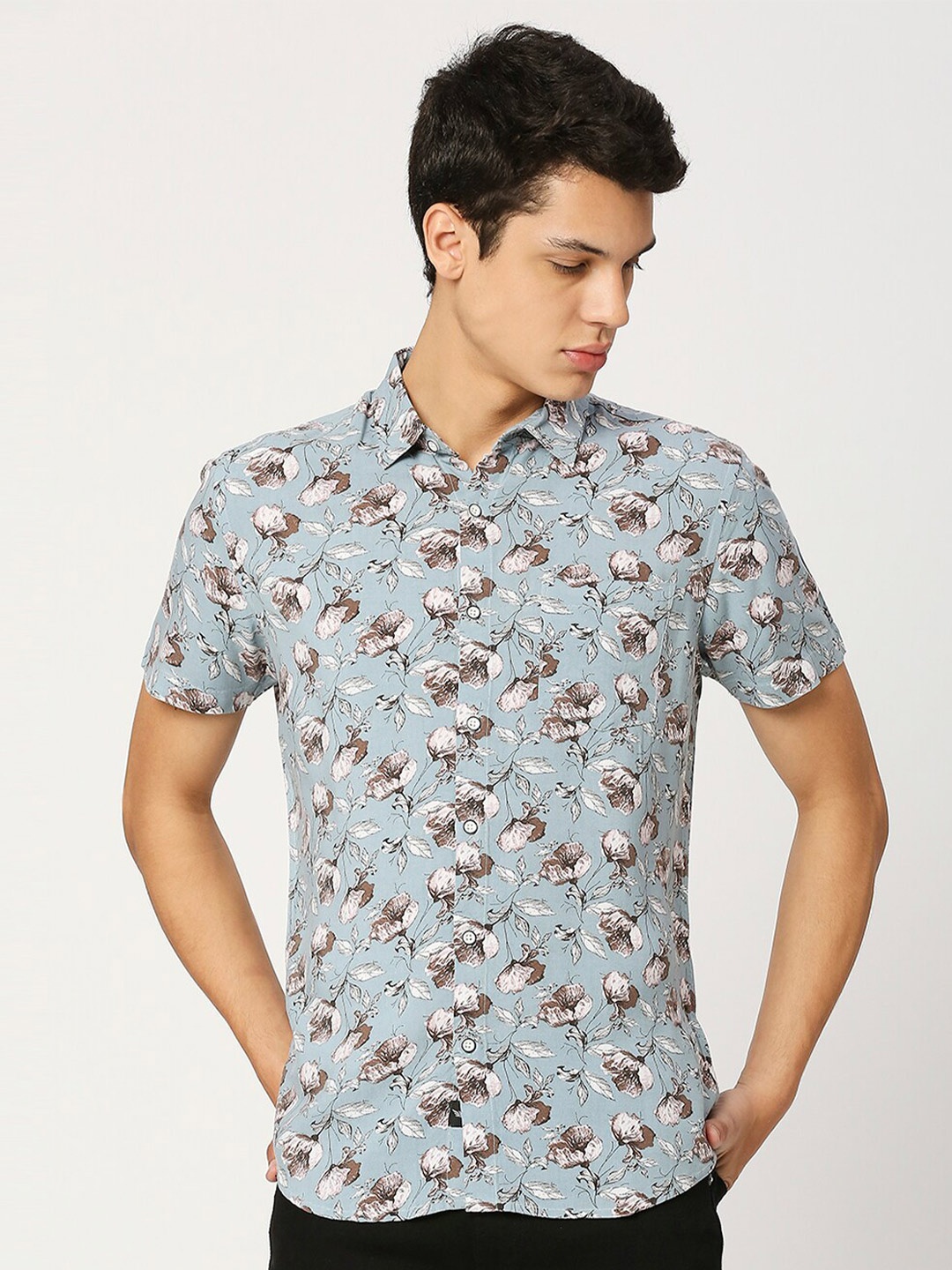 

VALEN CLUB Floral Printed Pure Cotton Slim Fit Casual Shirt, Blue