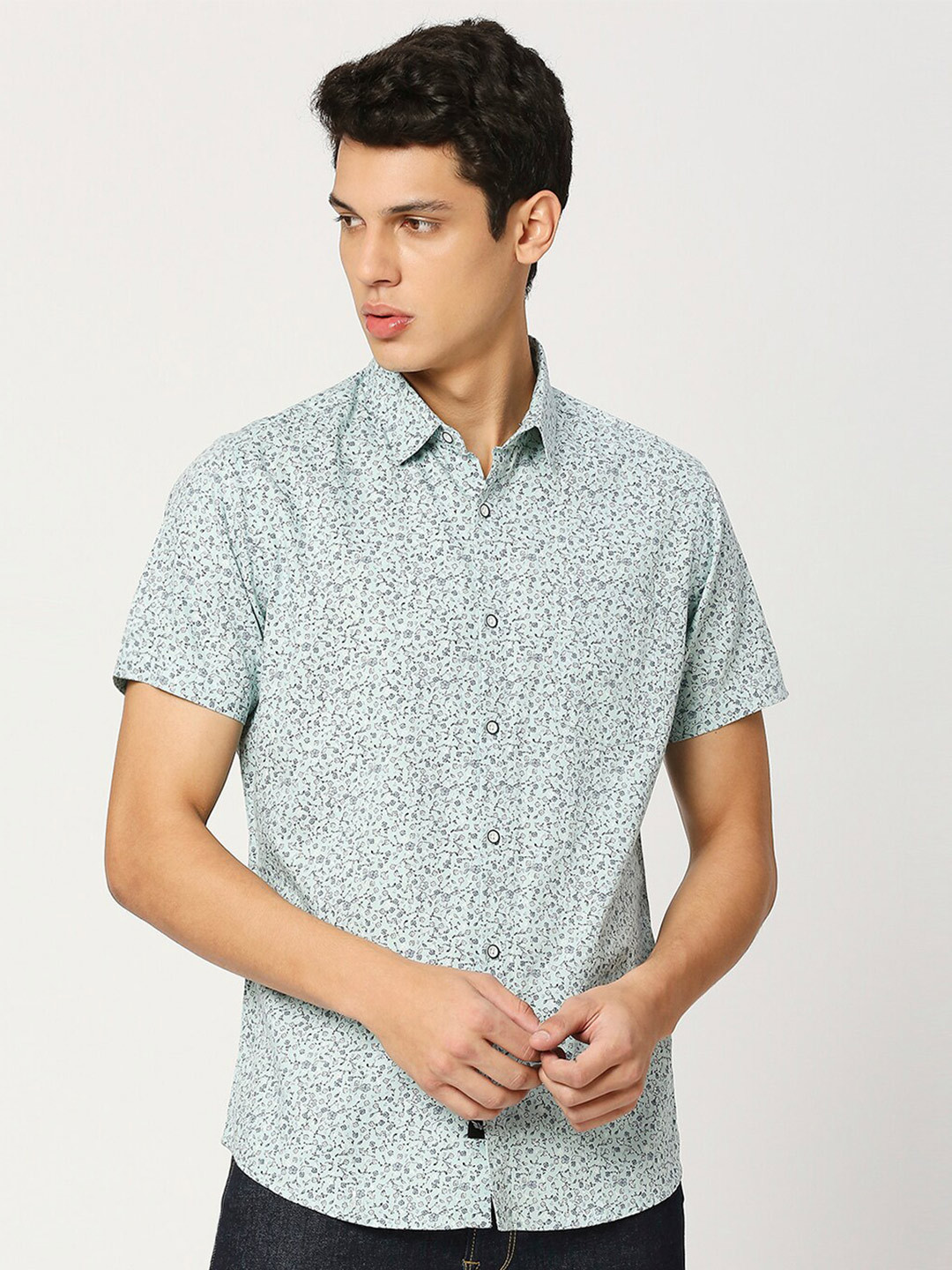 

VALEN CLUB Floral Printed Pure Cotton Slim Fit Casual Shirt, Blue