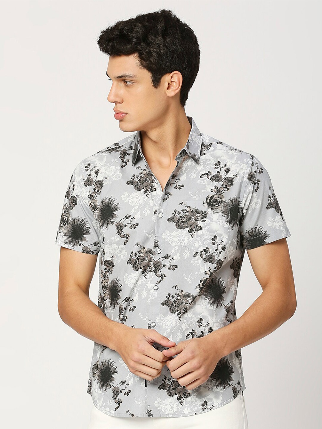 

VALEN CLUB Slim Fit Floral Printed Pure Cotton Casual Shirt, Grey