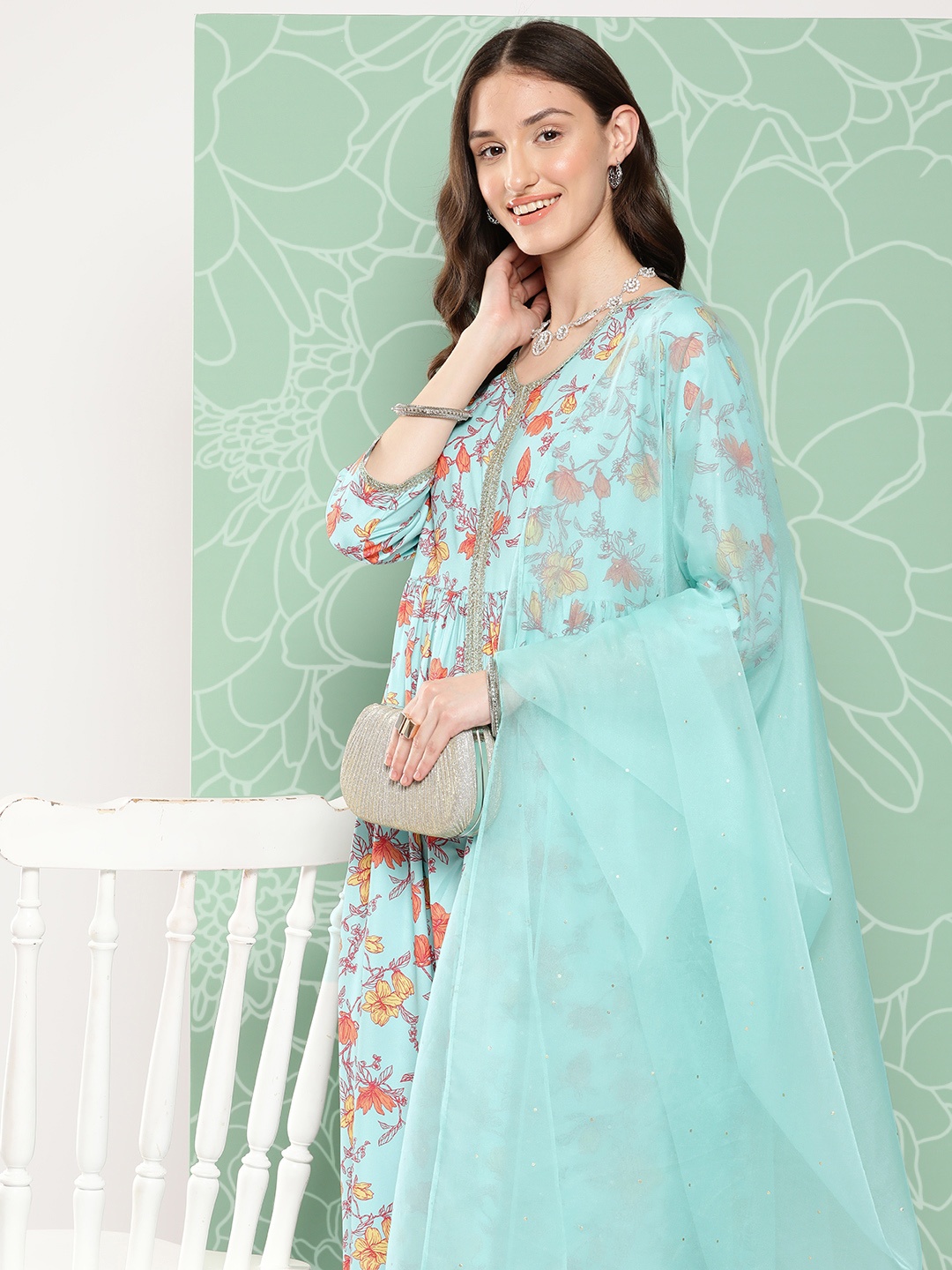 

Janasya Women Blue Floral Printed Kurta with Trousers & With Dupatta