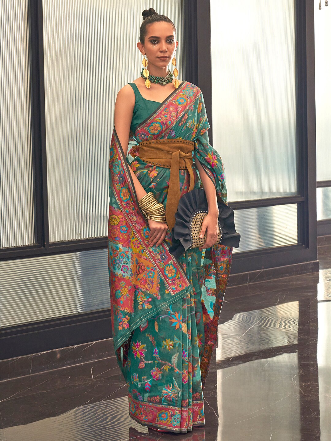 

BAHUJI Teal & Blue Floral Embroidered Silk Blend Banarasi Saree