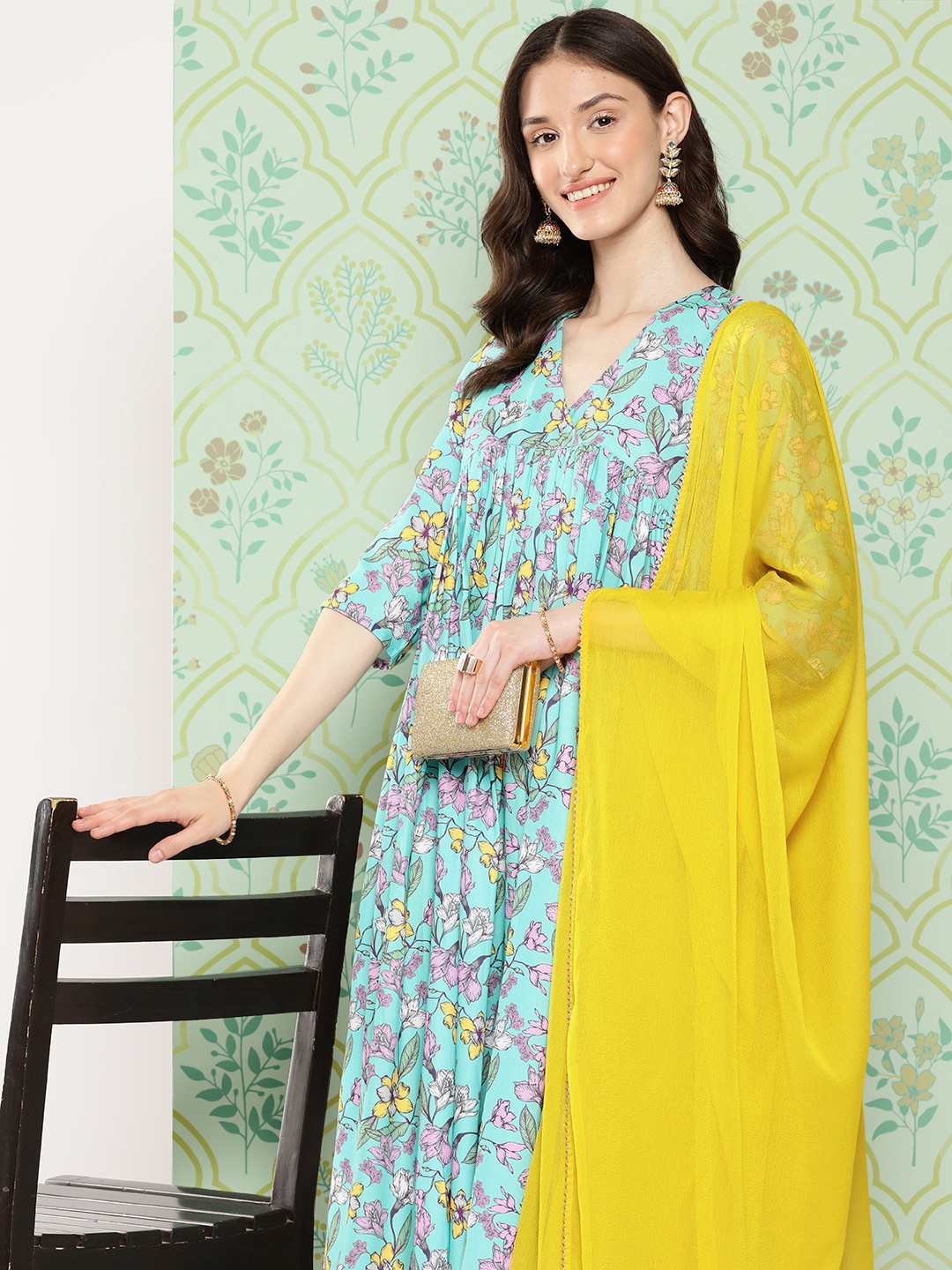 

Janasya Women Blue Floral Printed Kurta with Trousers & With Dupatta